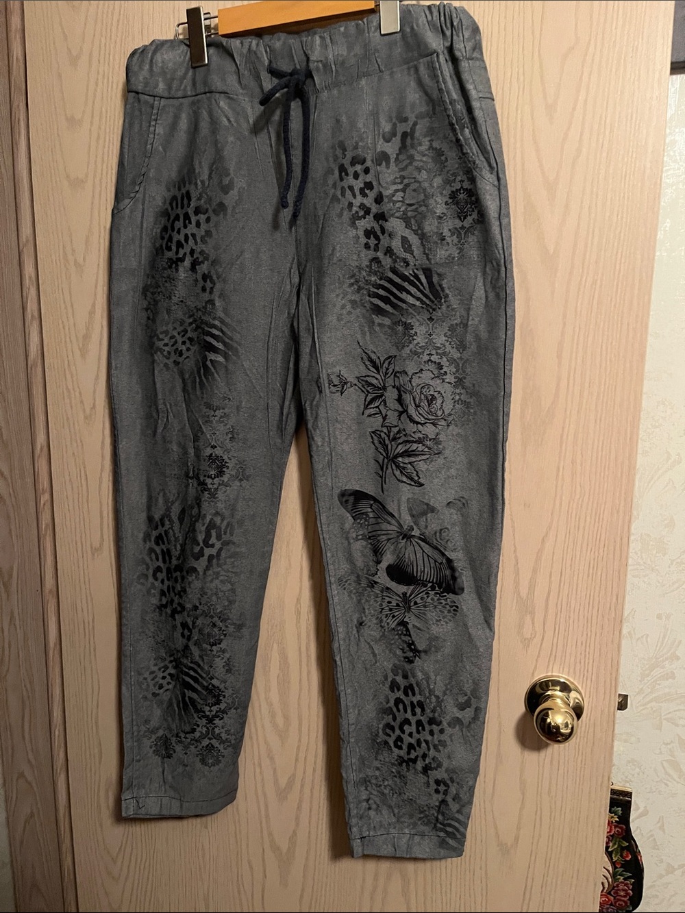Bella Amore Gray Drawstring Track Pants with Black Floral & Animal Print